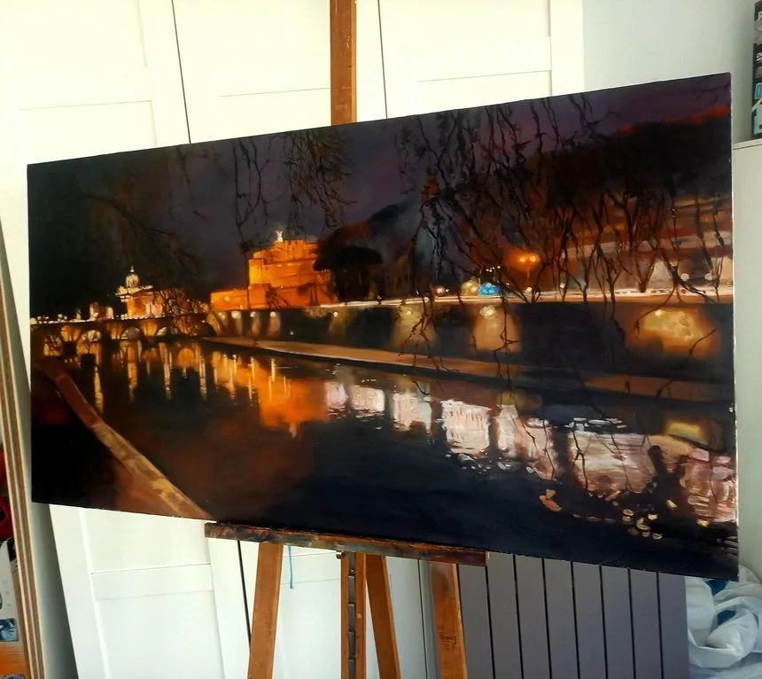 Roma di notte con Castel Sant'Angelo riflesso nel Tevere, dipinto su tela di Francy Love Art